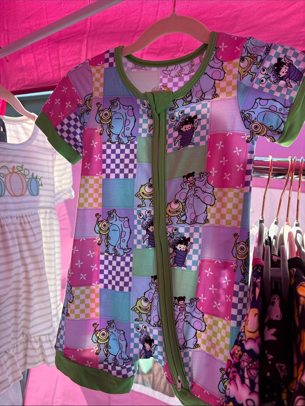 BAMBOO Pink, Purple & Green Monsters Inc Patchwork Zip Romper